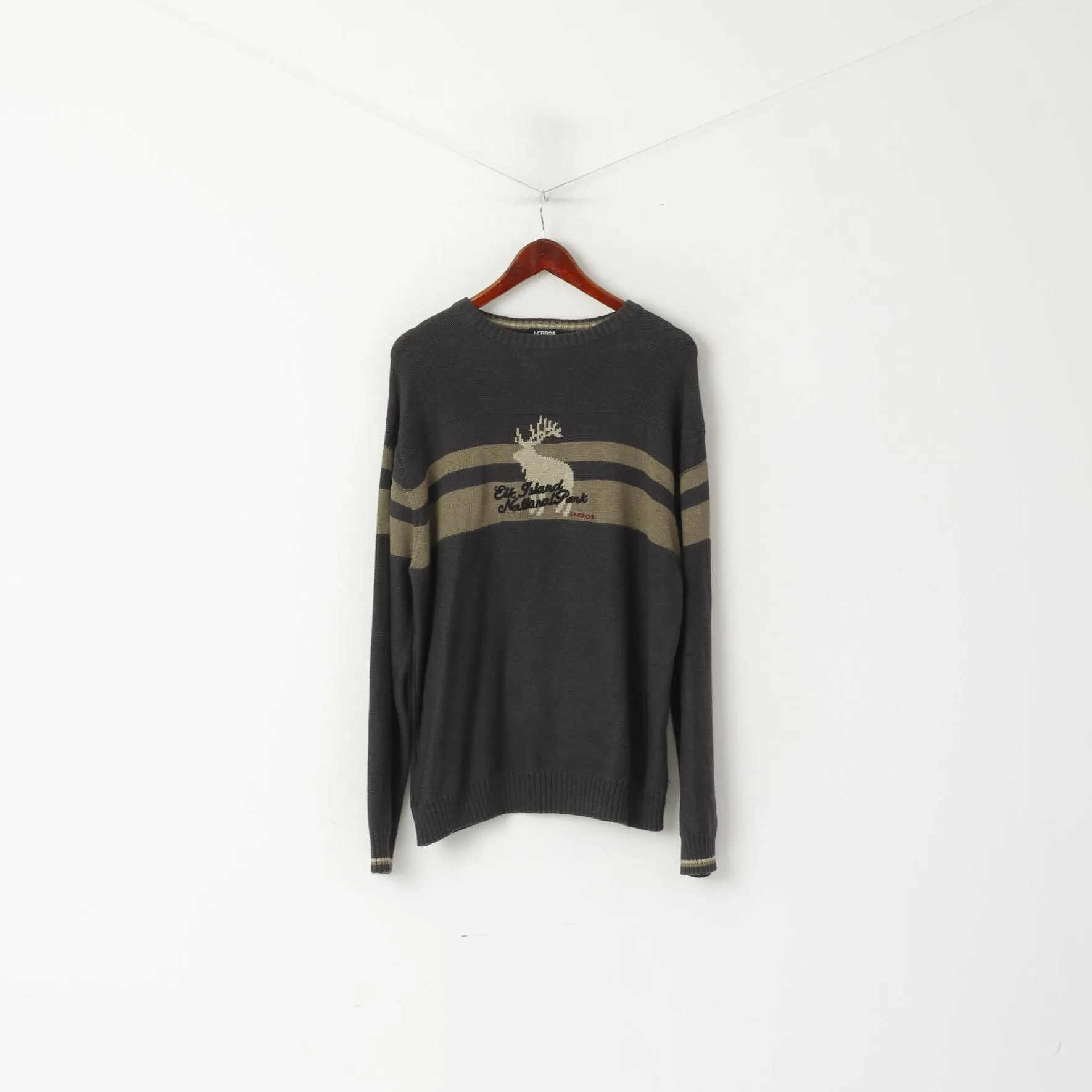 Lerros Men L Jumper Grey Cotton Crew Neck Deer Elk Isand National Park Sweater