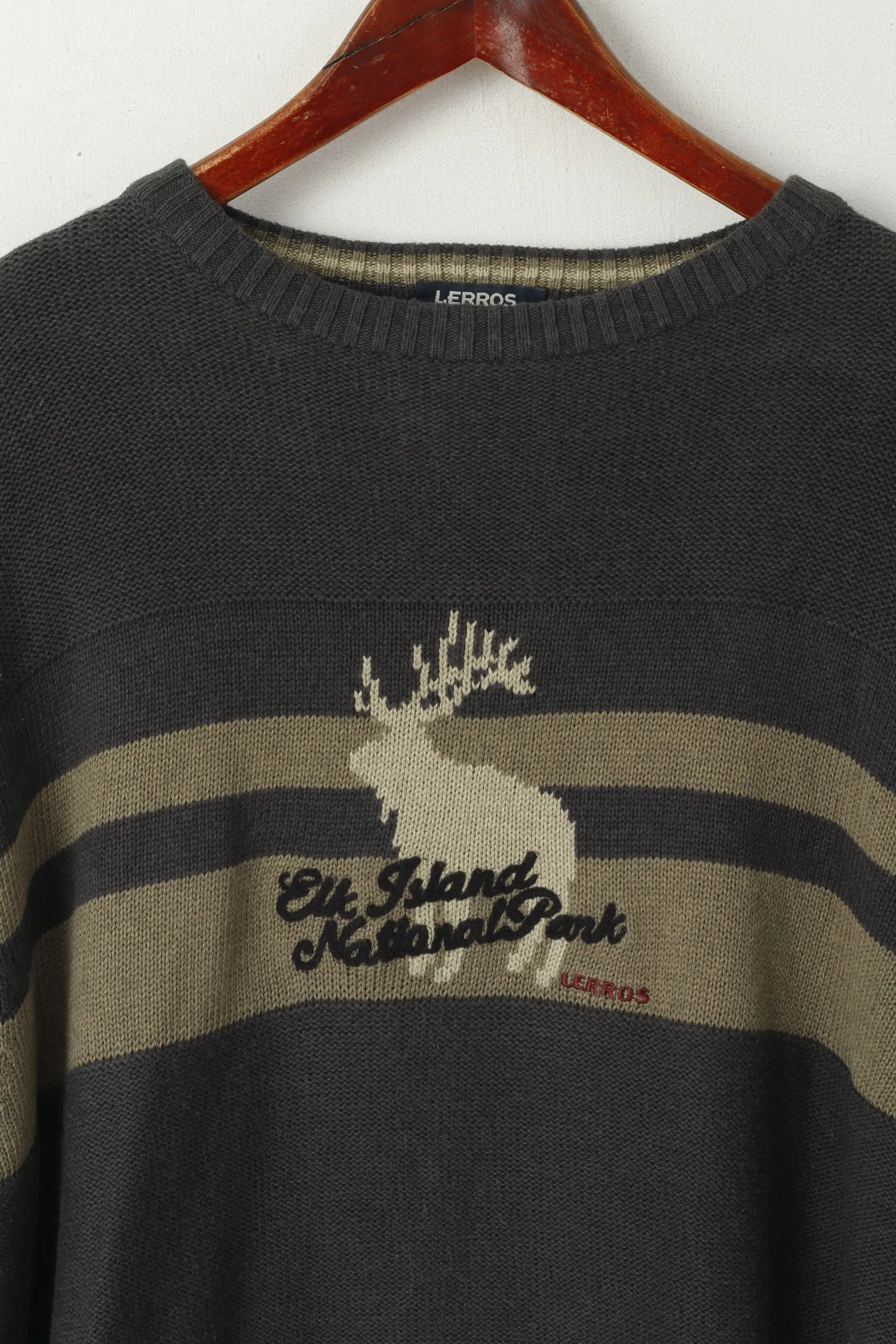 Lerros Men L Jumper Grey Cotton Crew Neck Deer Elk Isand National Park Sweater