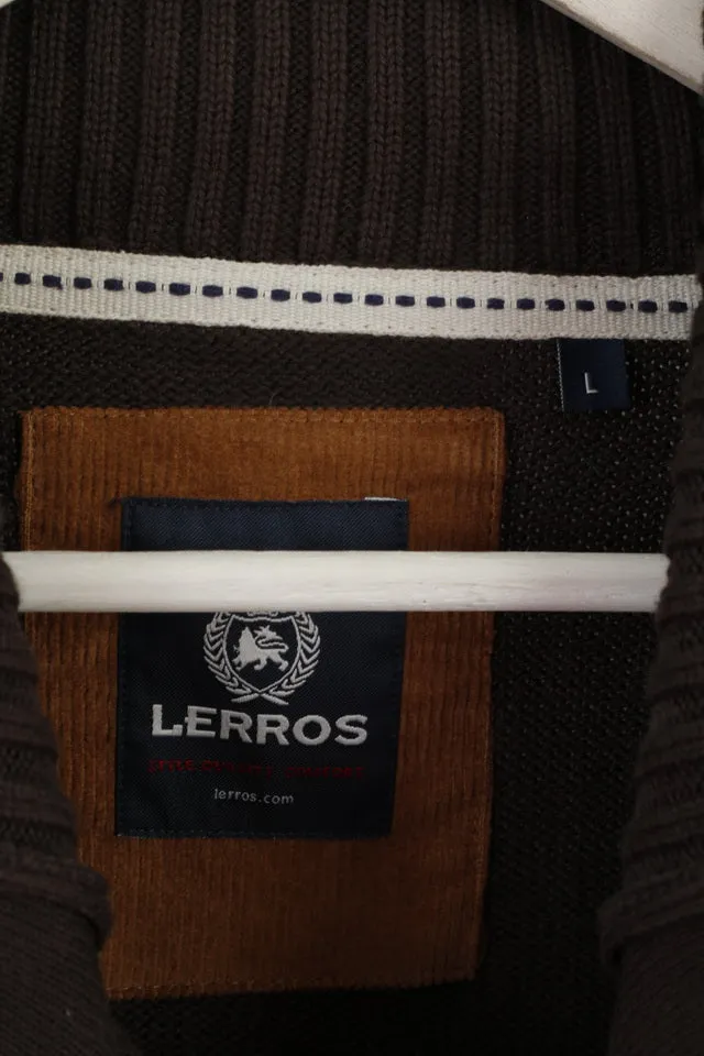 LERROS Mens L Jumper Brown Cotton Whistler Emroidered Zip Neck Sweater