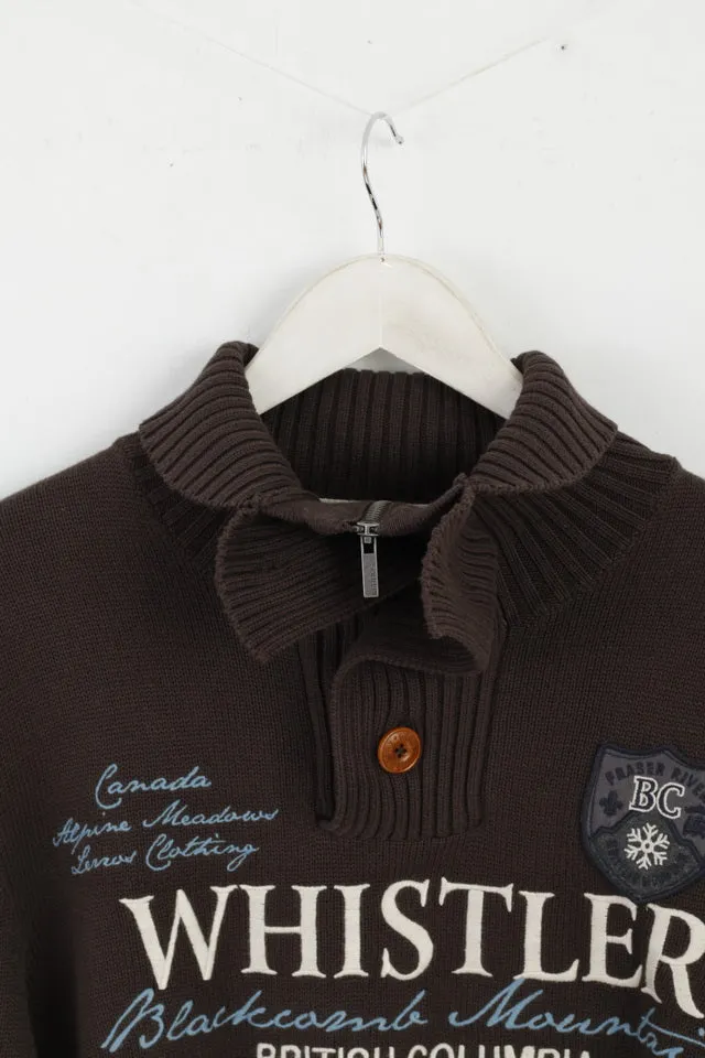 LERROS Mens L Jumper Brown Cotton Whistler Emroidered Zip Neck Sweater