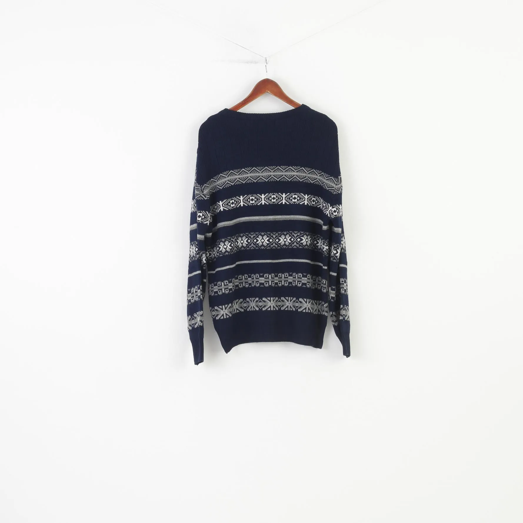 Lupa Men XL Jumper Navy Acrylic Nordic Crew Neck Menswear Geomteric Print  Sweater