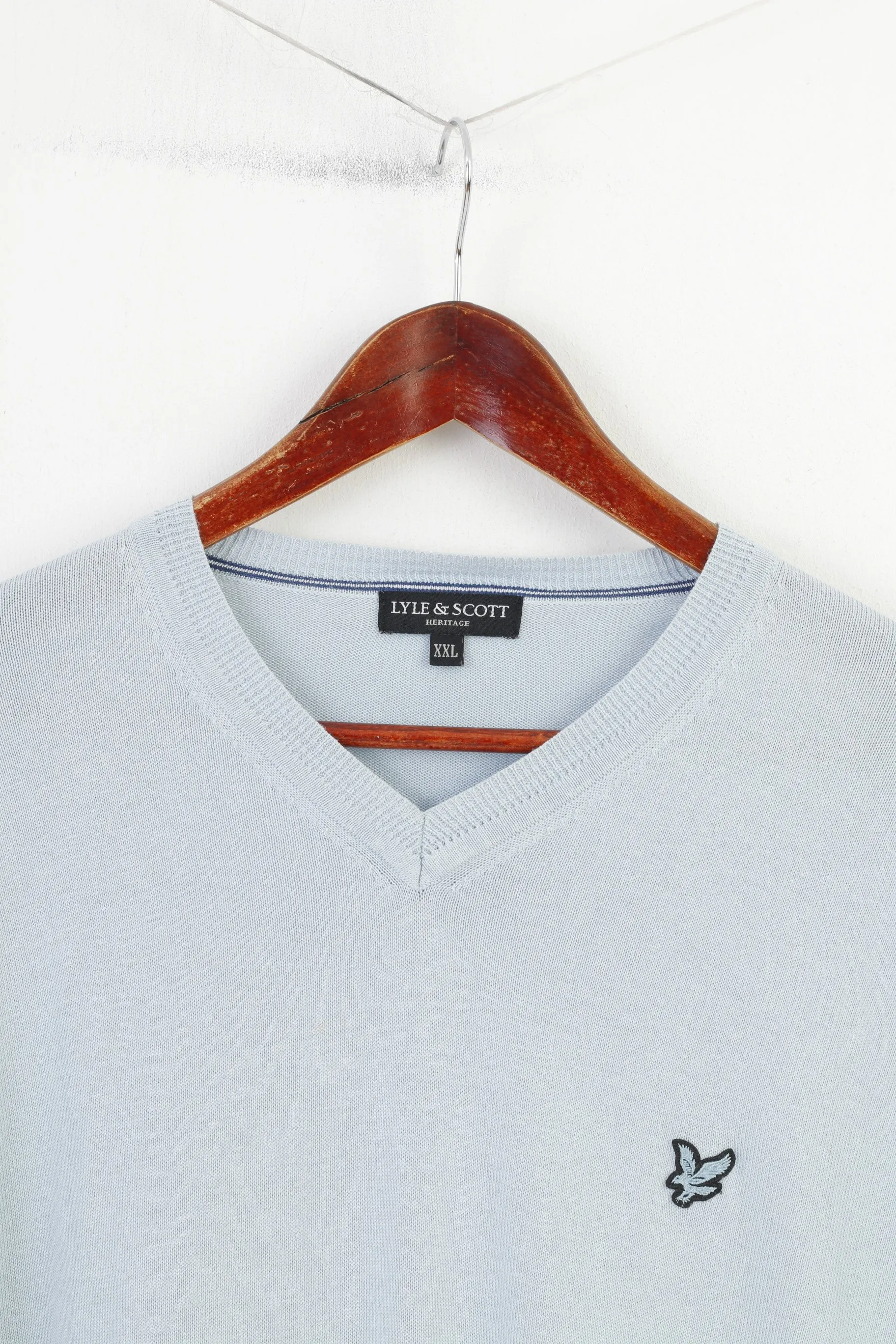 Lyle & Scott Men XXL Jumper Casual Blue Cotton V Neck Light Sweater Heritage Vintage Top