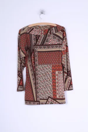 Made in Italy Womens 2 S/M Shirt Brown Pattern Viscose Stretch Fitted Top