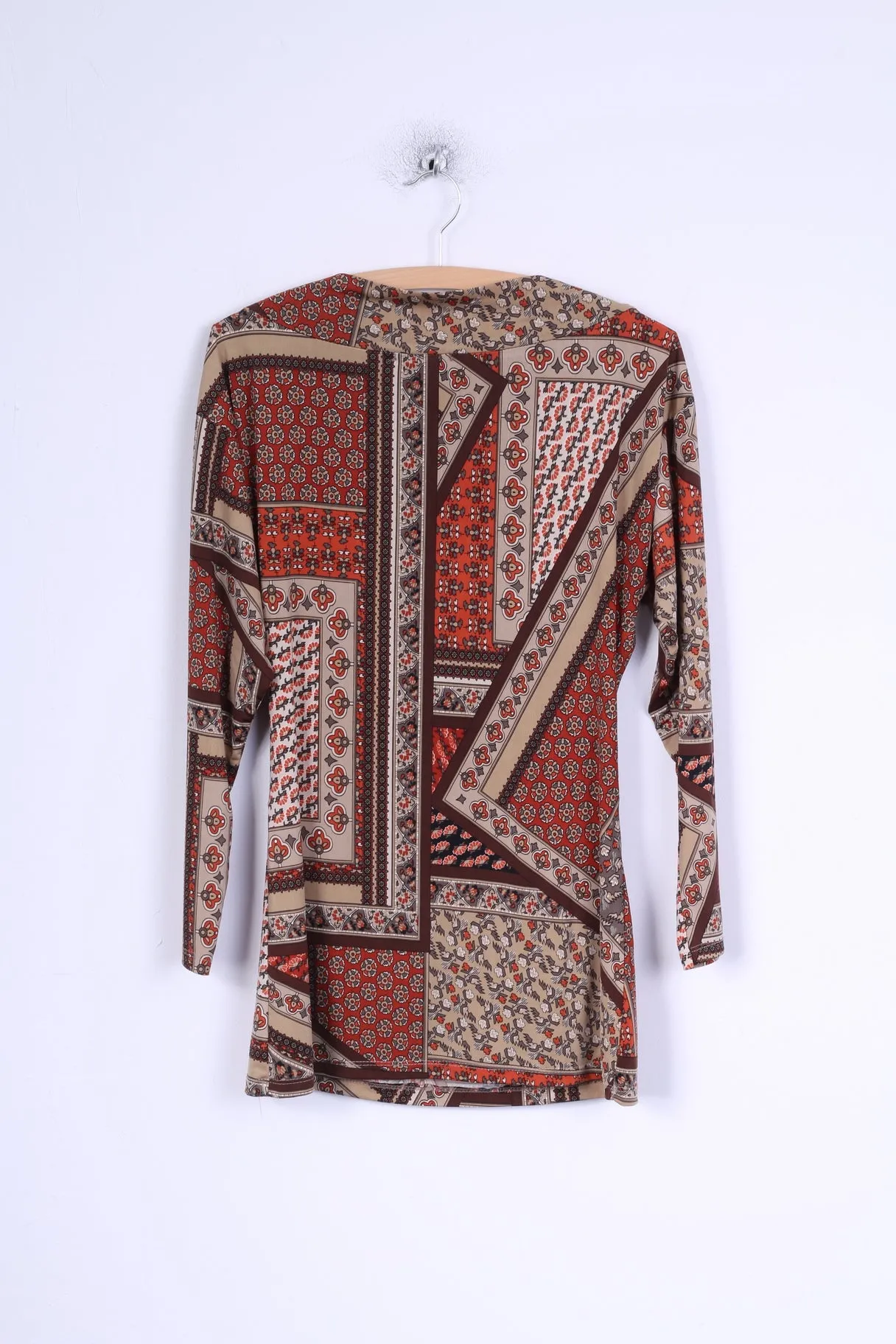Made in Italy Womens 2 S/M Shirt Brown Pattern Viscose Stretch Fitted Top