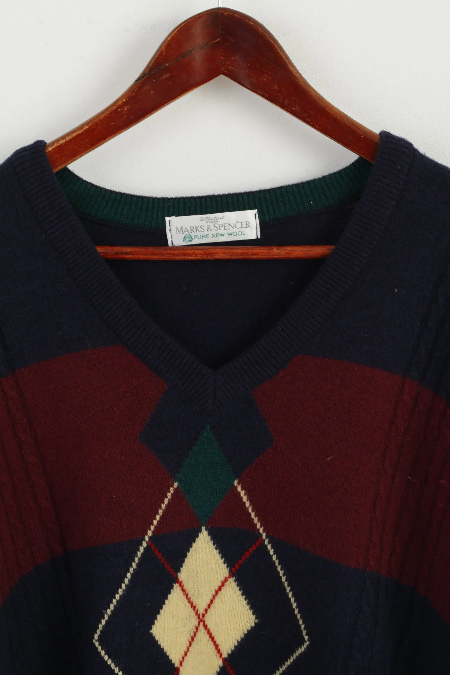 Marks & Spencer Men XL Jumper Navy Pure New Wool V Neck Classic Sweater
