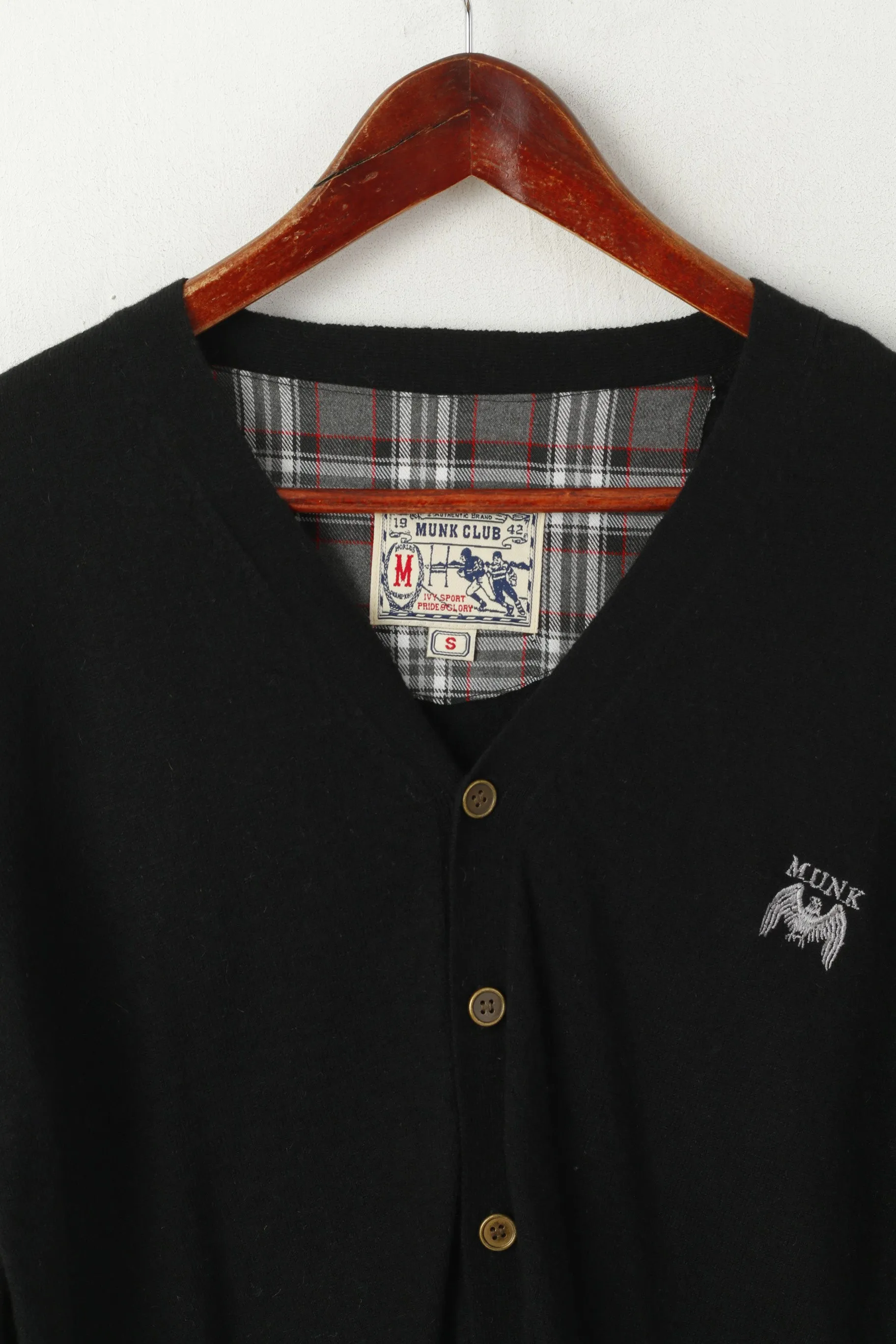 Munk Club Men S Cardigan Black Wool Nylon Blend Rugby Sport Patches Sweater