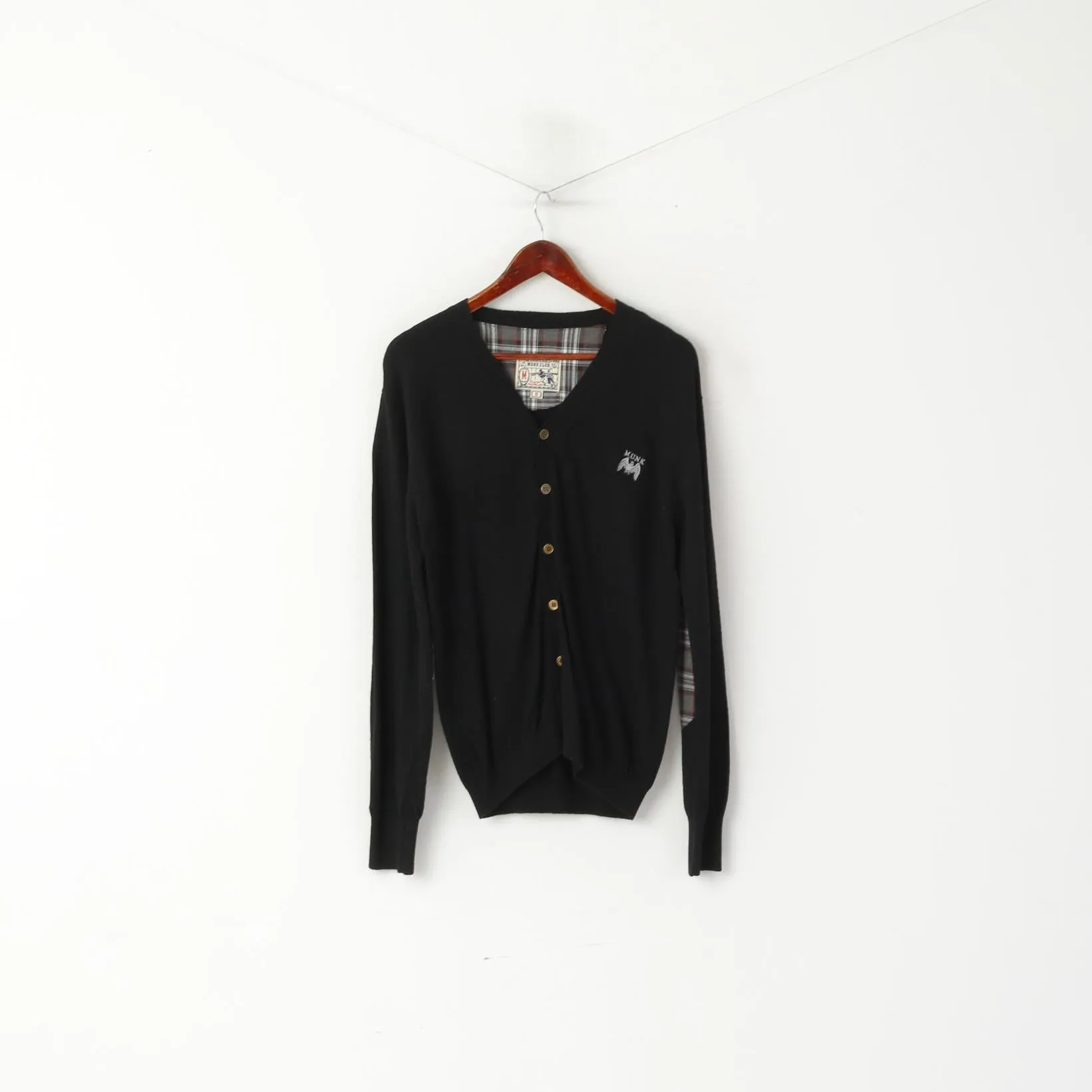 Munk Club Men S Cardigan Black Wool Nylon Blend Rugby Sport Patches Sweater