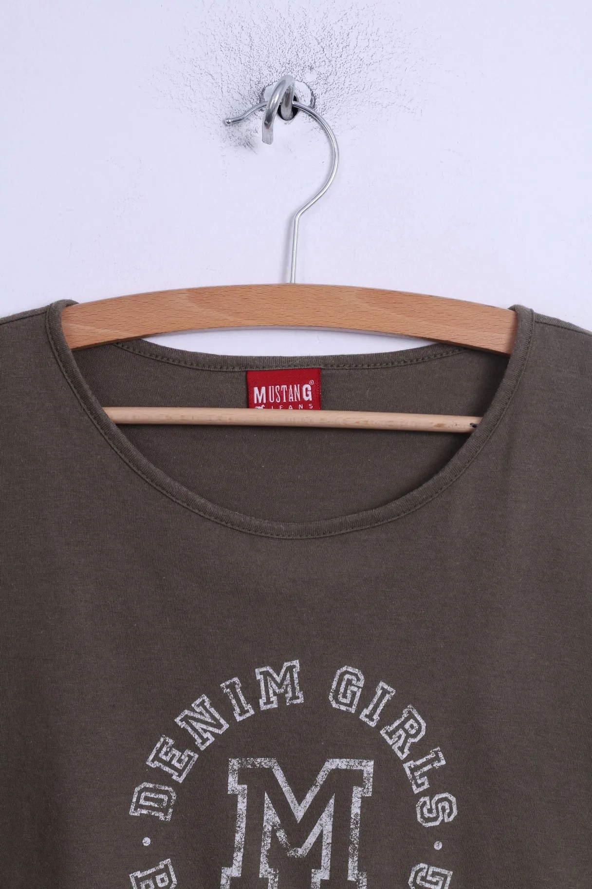 Mustang Jeans  Womens L Shirt Green Cotton Crew Neck Graphic Short Top