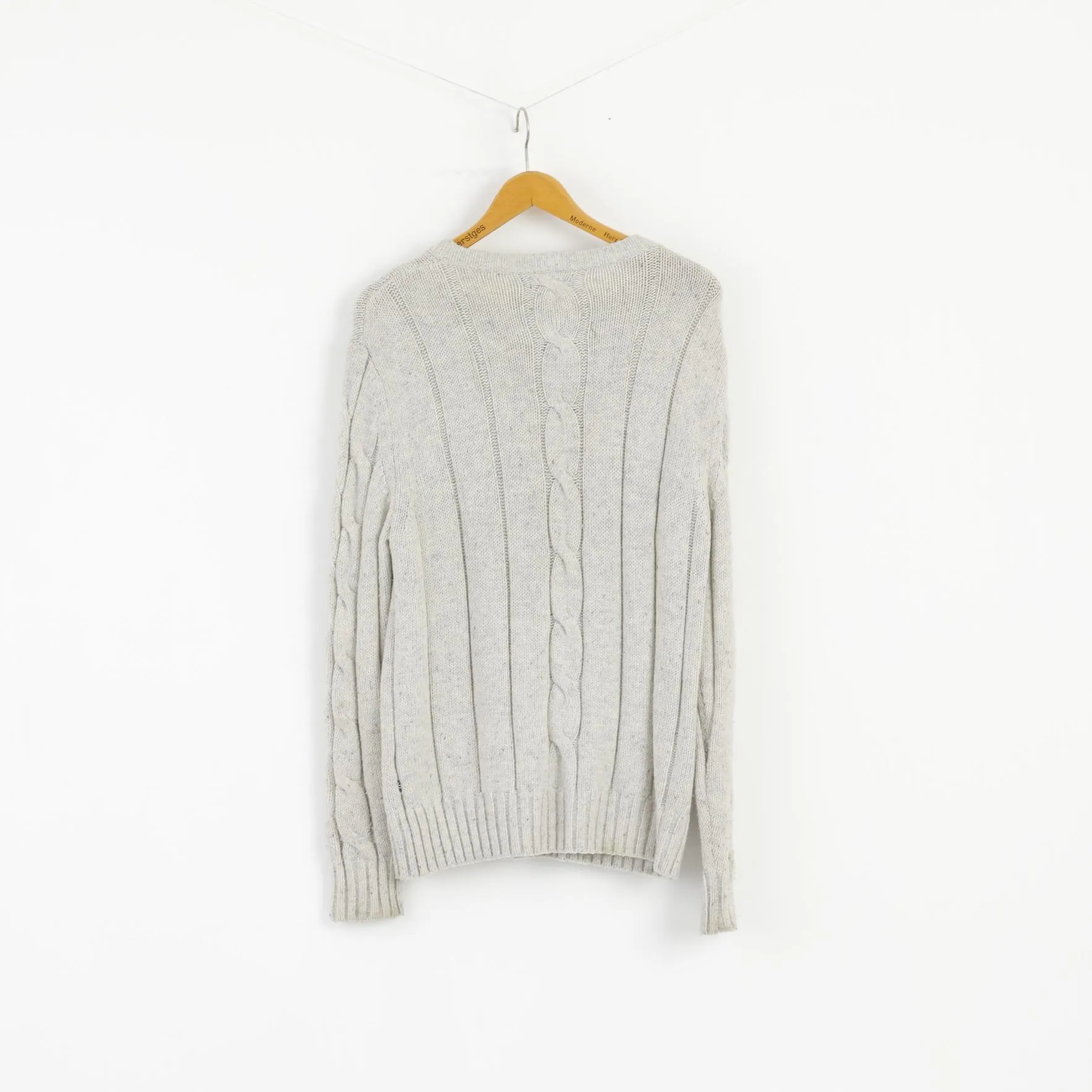 Nautica Men L Jumper Beige Gray Wool Blend Stretch Crew Neck Cable Knit Sweater