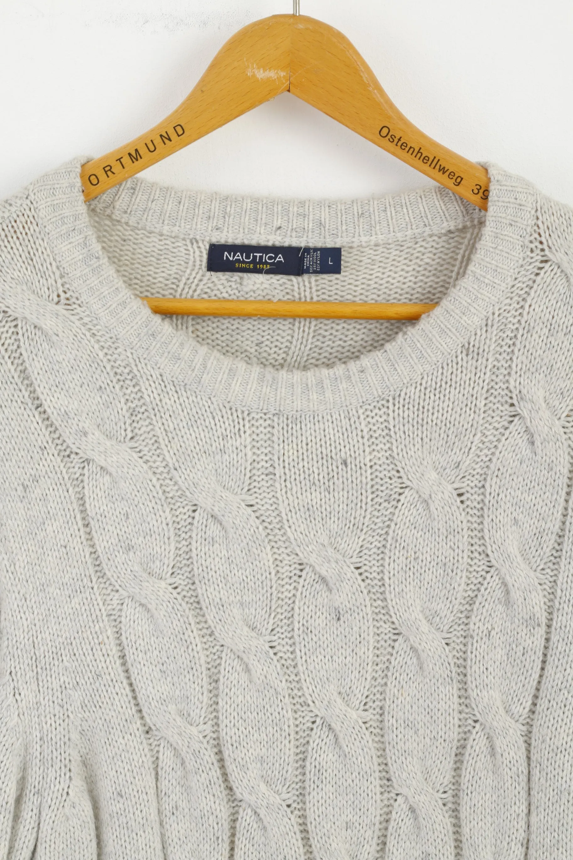 Nautica Men L Jumper Beige Gray Wool Blend Stretch Crew Neck Cable Knit Sweater