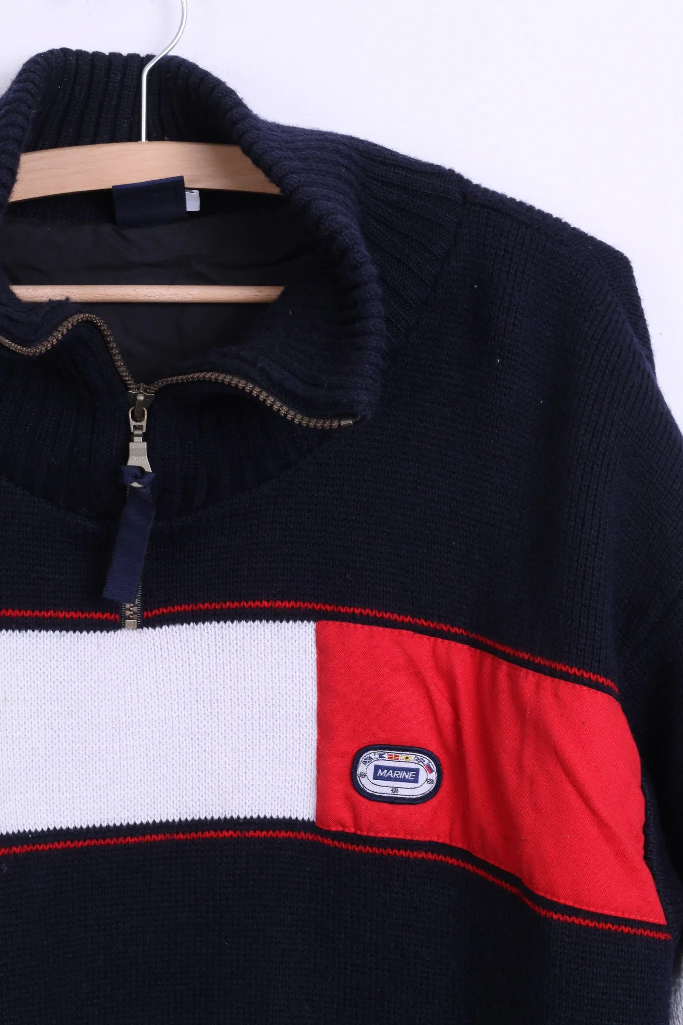 Navy Mens M Jumper Sweater Zip Neck Marine Jacket Striped Wool