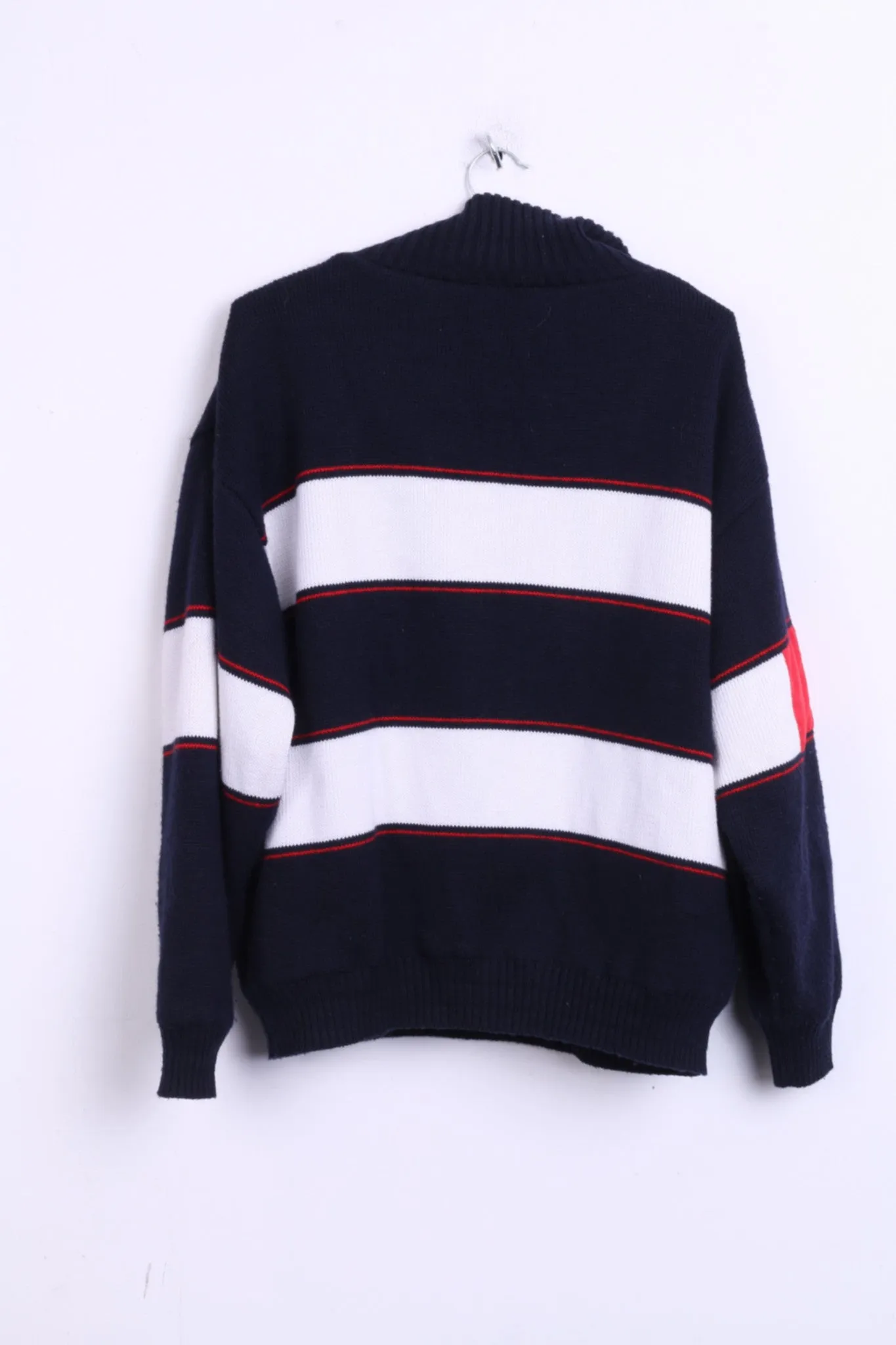 Navy Mens M Jumper Sweater Zip Neck Marine Jacket Striped Wool