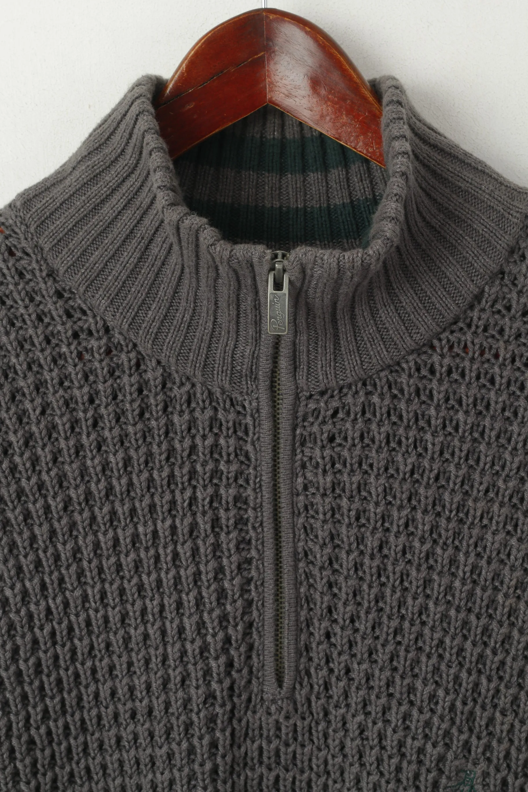 Original Penguin Men L Jumper Grey Cotton Blend Knit Zip Neck Pockets Sweater