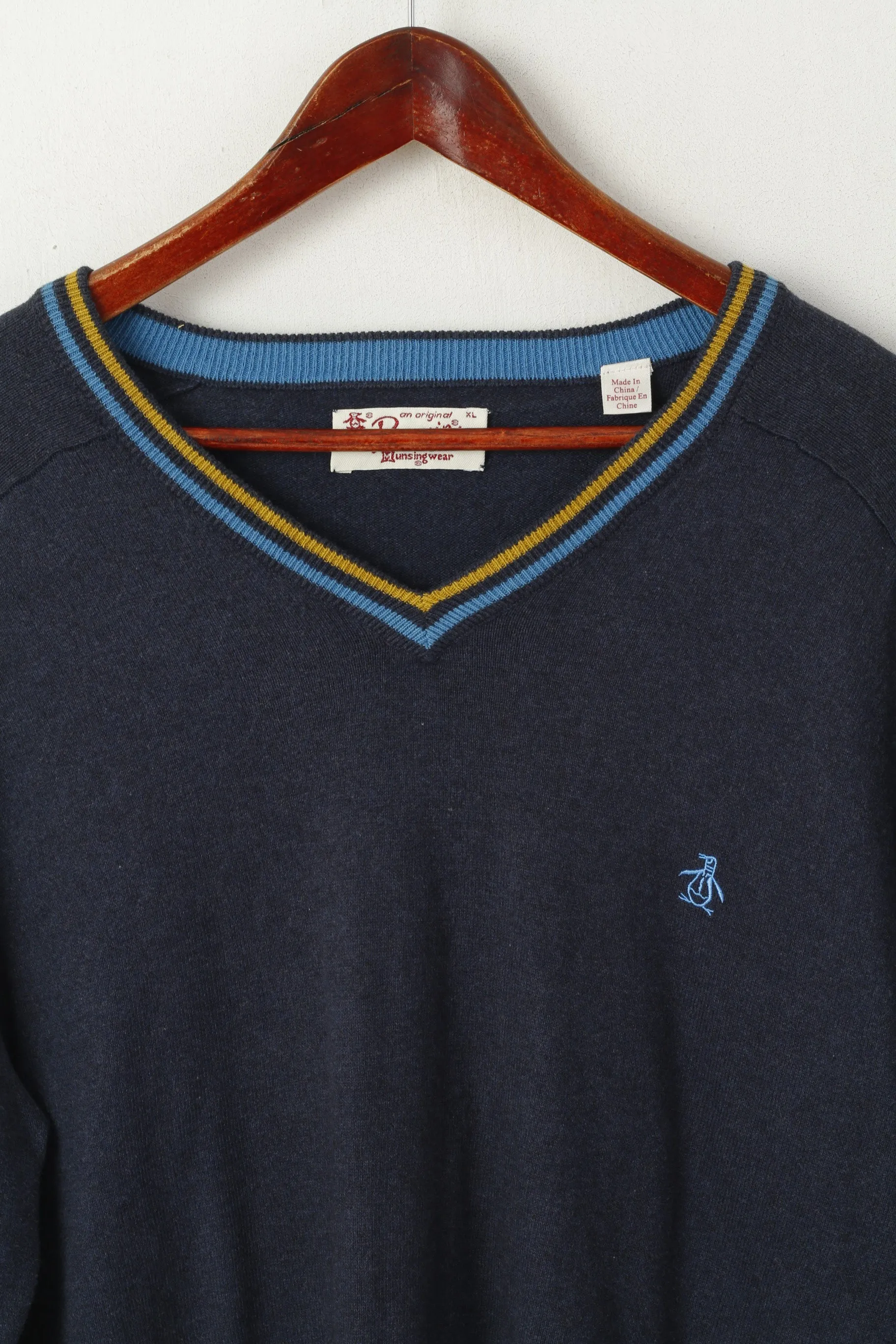 Original Penguin Men XL Jumper Navy Cotton Cashmere Blend V Neck Logo Sweater