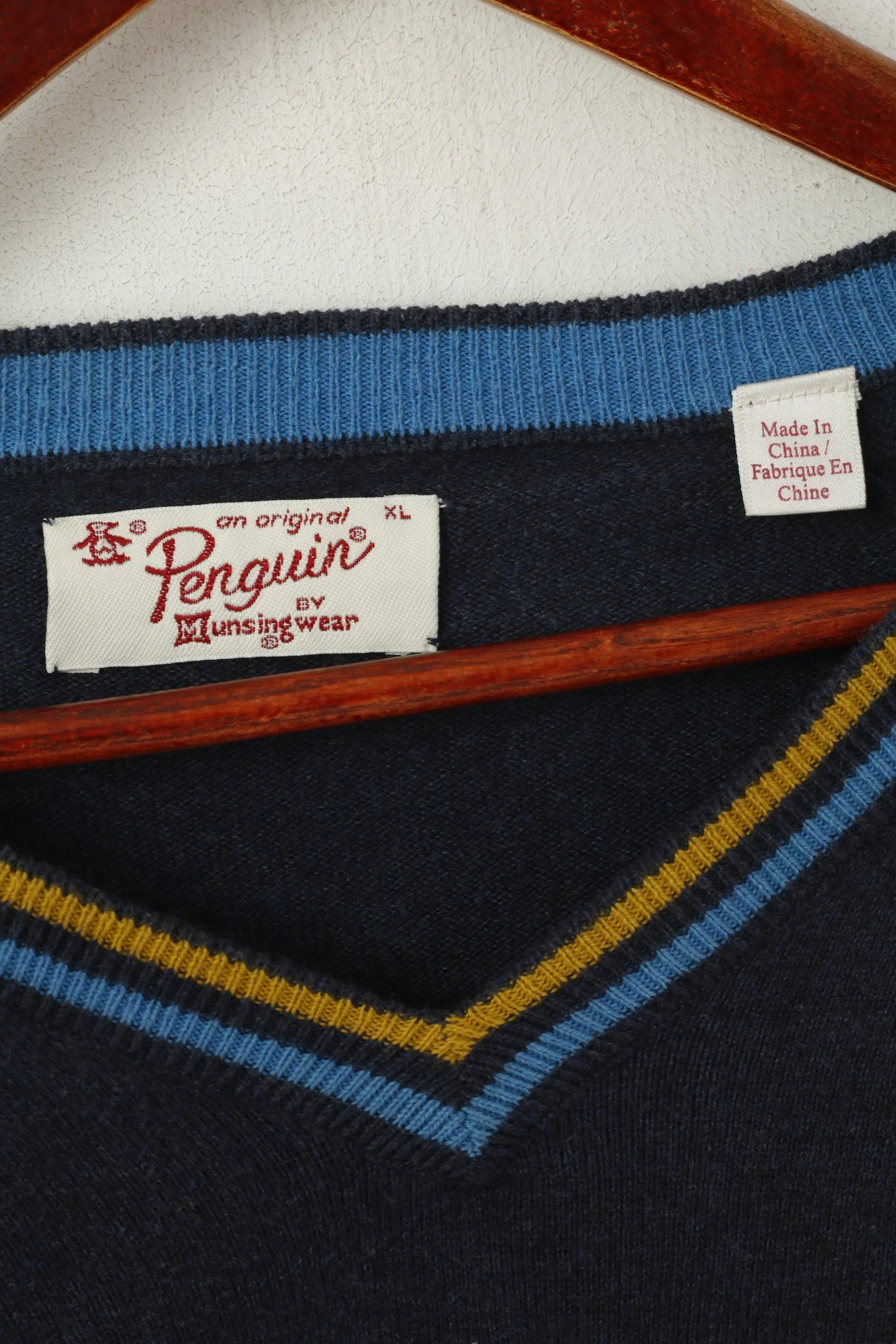 Original Penguin Men XL Jumper Navy Cotton Cashmere Blend V Neck Logo Sweater