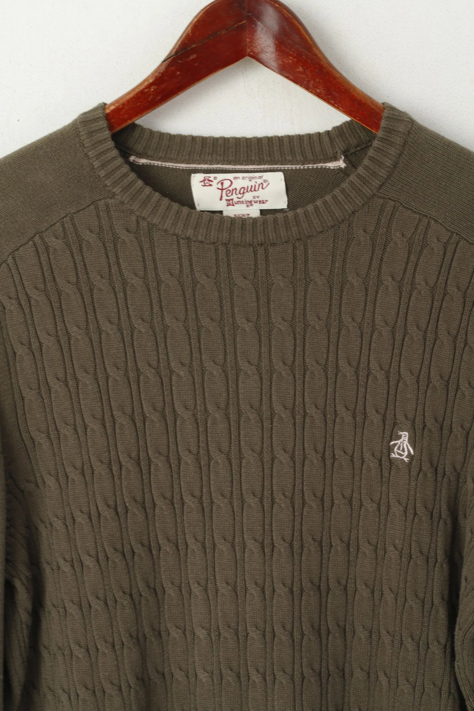 Penguin Men S Jumper Khaki Cotton Knitted Crew Neck Classic Stretch Sweater