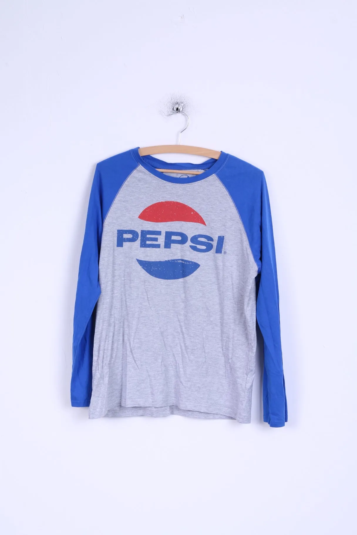 Pepsi Womens L Shirt Cotton Grey Blue Long Sleeve Graphic Stretch Top