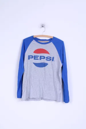 Pepsi Womens L Shirt Cotton Grey Blue Long Sleeve Graphic Stretch Top