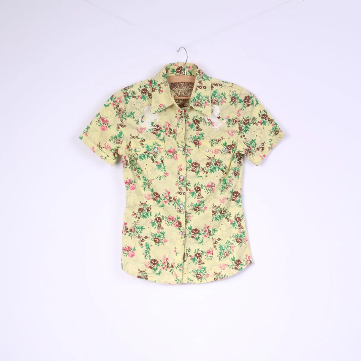 Ringspun Womens 10 S Casual Shirt Yellow Floral Print Cotton Popper Buttons