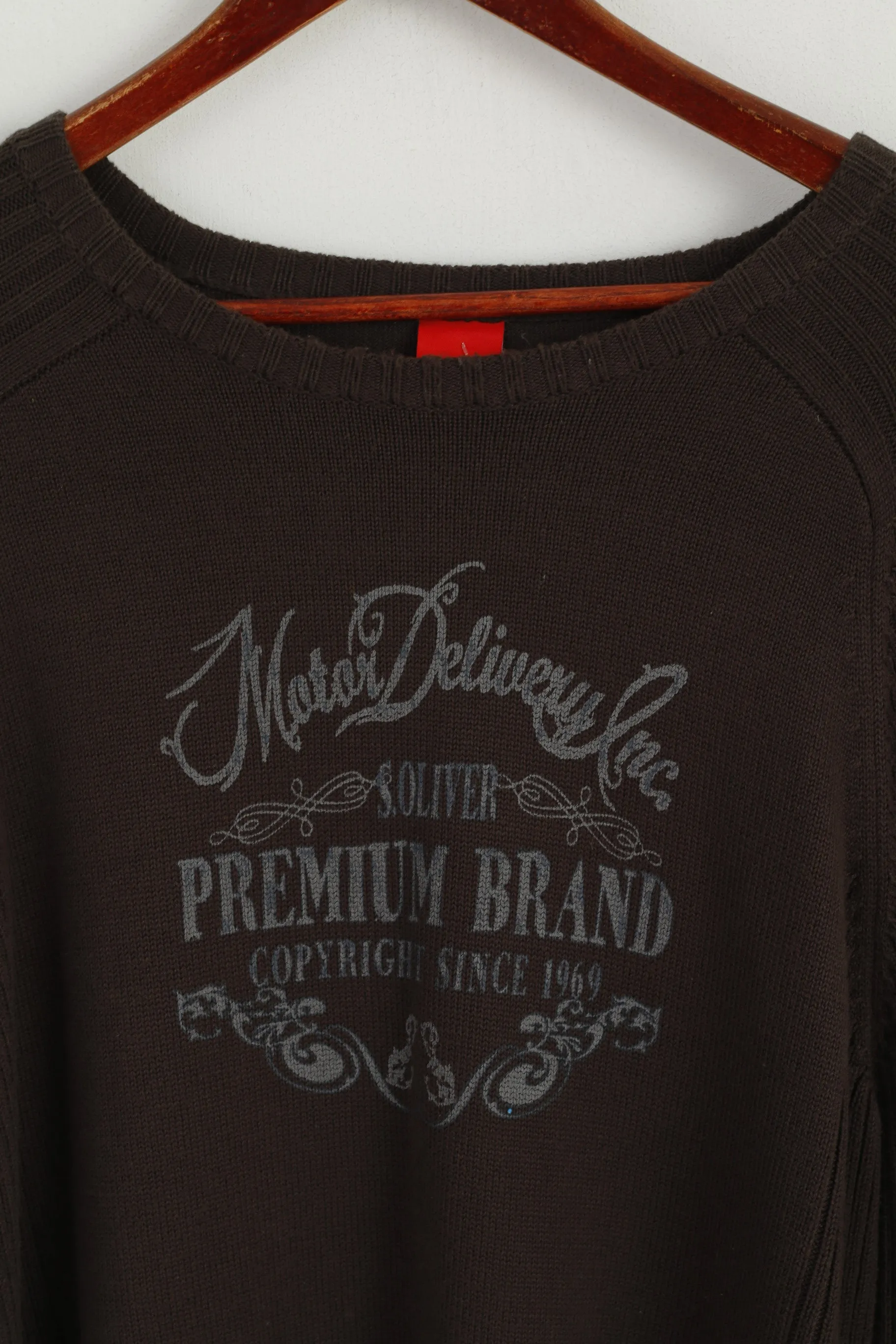 S. Oliver Men L Jumper Brown Cotton Graphic Motor Delivery Crew Neck Sweater