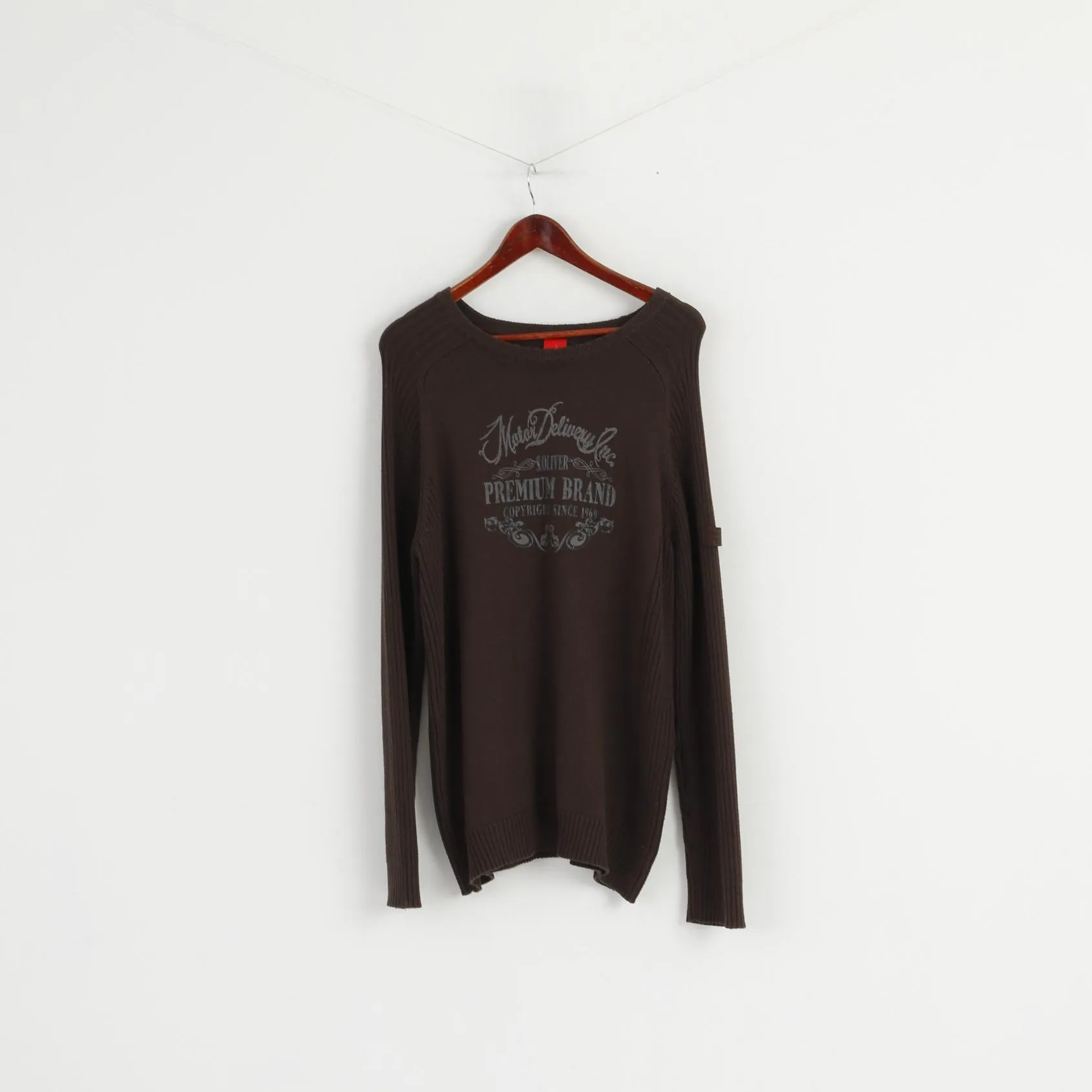 S. Oliver Men L Jumper Brown Cotton Graphic Motor Delivery Crew Neck Sweater