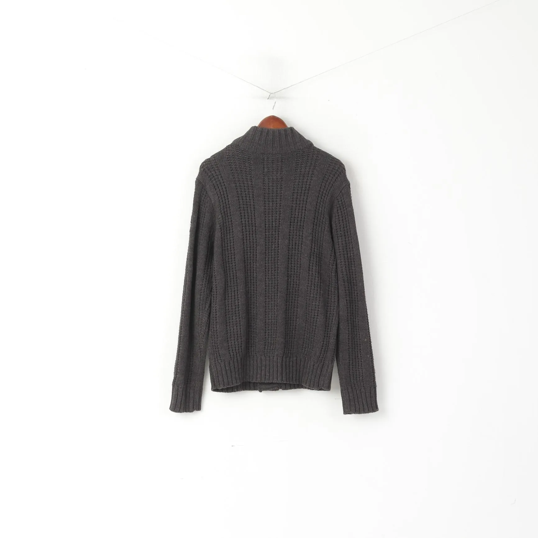 Soviet Black Men M Cardigan Brown Acrylic Cable Knit Classic Army Sweater