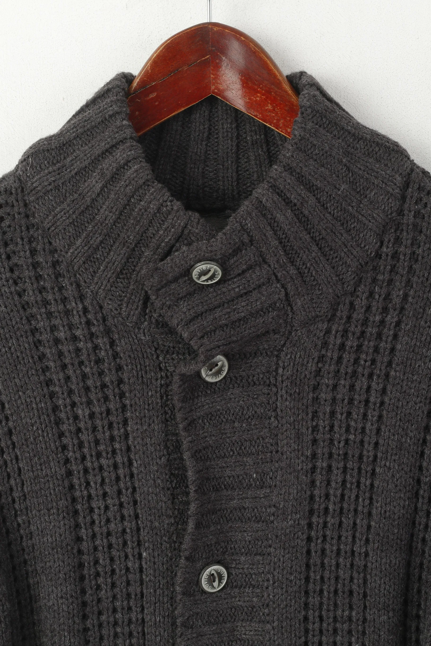 Soviet Black Men M Cardigan Brown Acrylic Cable Knit Classic Army Sweater