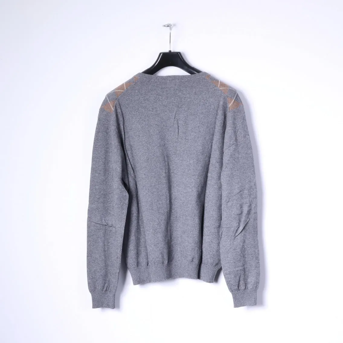 SUN68 Mens XXL Jumper Grey Cashmere Blend Grey V Neck Argyle Sweater