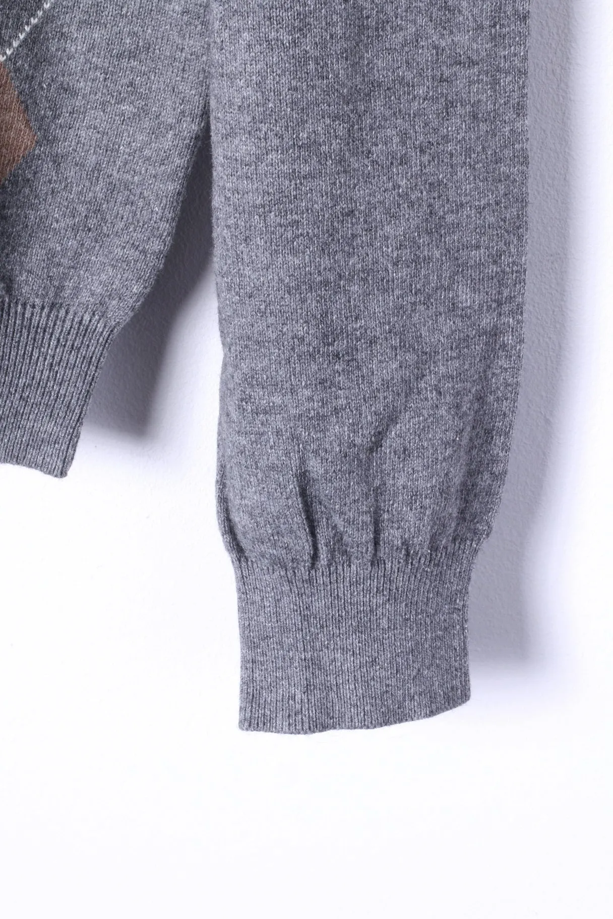 SUN68 Mens XXL Jumper Grey Cashmere Blend Grey V Neck Argyle Sweater