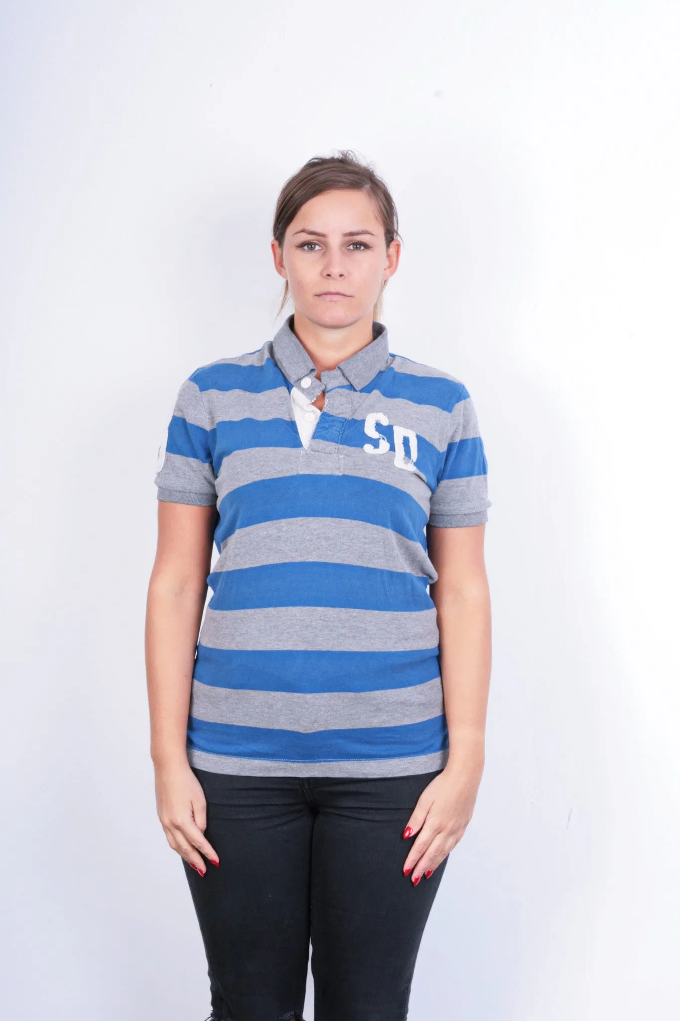 Superdry Womens S Polo Shirt Grey Cotton Striped