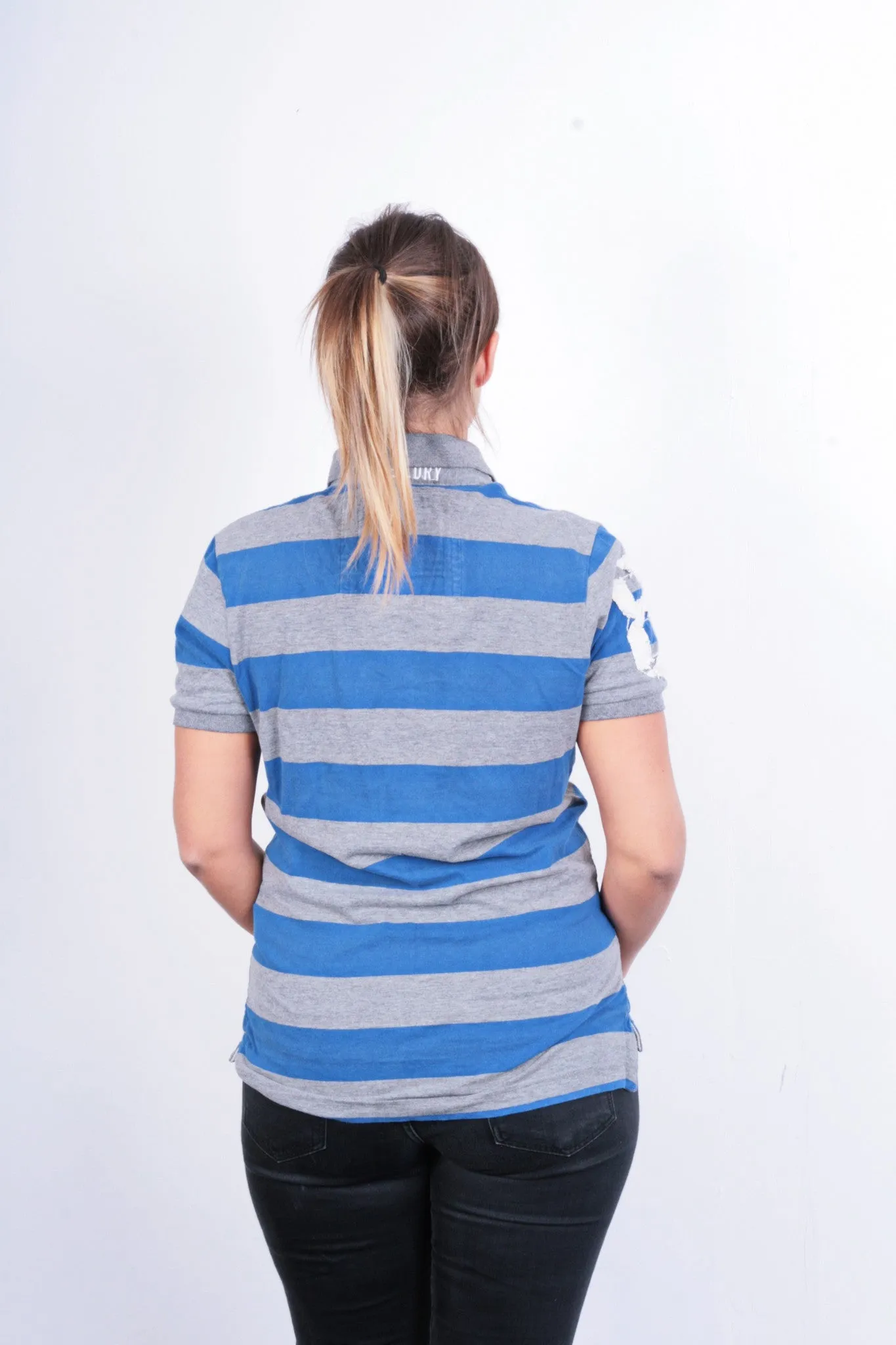Superdry Womens S Polo Shirt Grey Cotton Striped