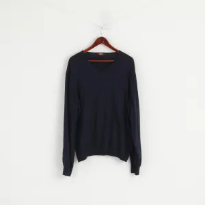 TM Lewin Men XXL Jumper Navy 100% Merino Wool V Neck Soft Plain Sweater