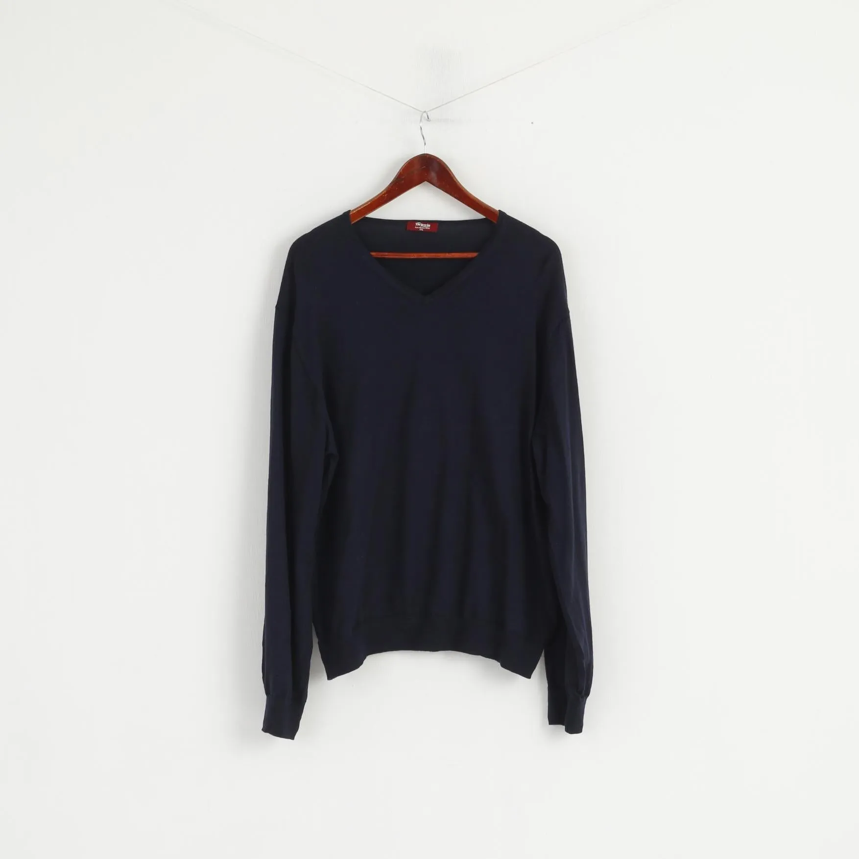 TM Lewin Men XXL Jumper Navy 100% Merino Wool V Neck Soft Plain Sweater