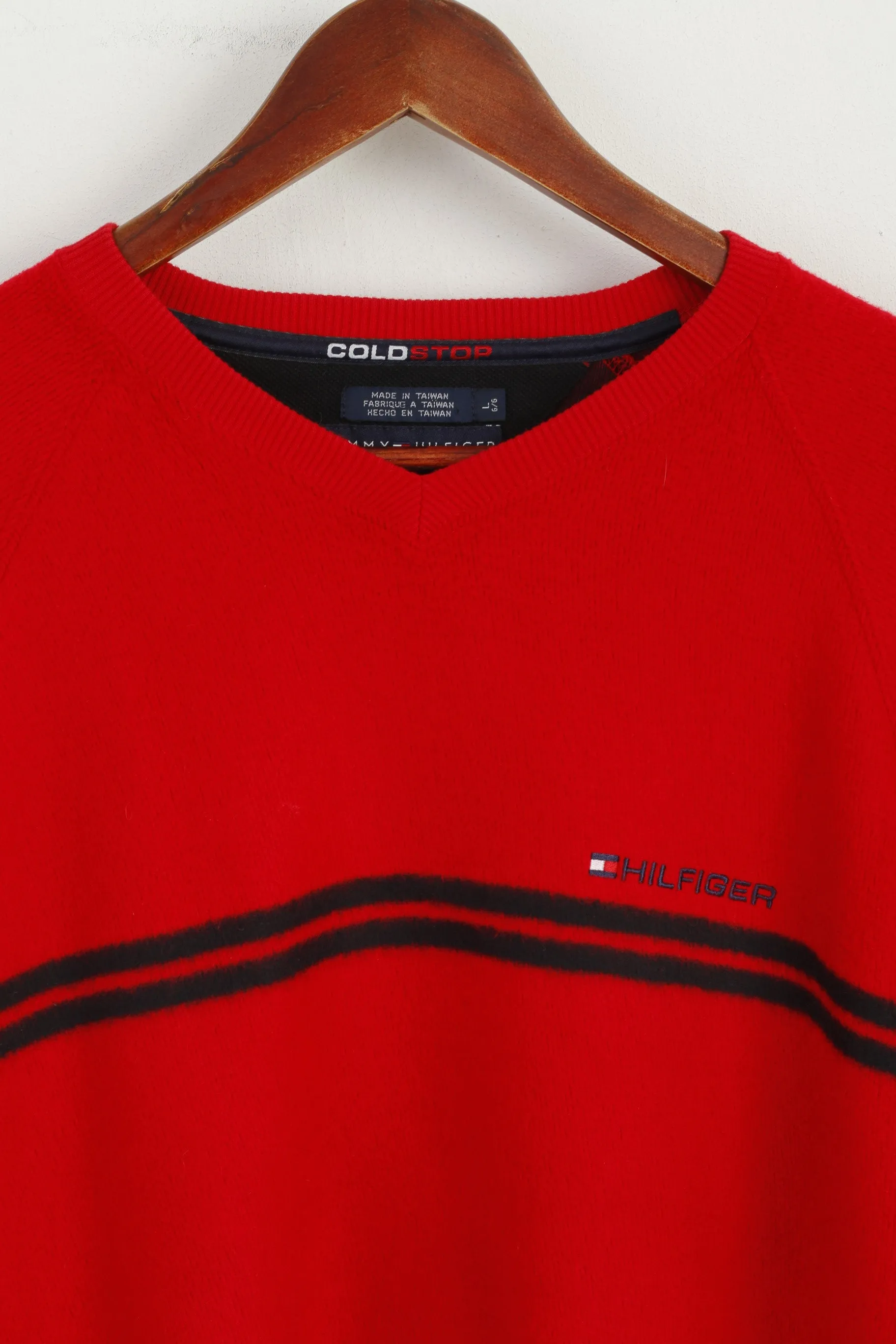 Tommy Hilfiger Men L Jumper Red Cotton Blend Cold Stop V Neck Sweater
