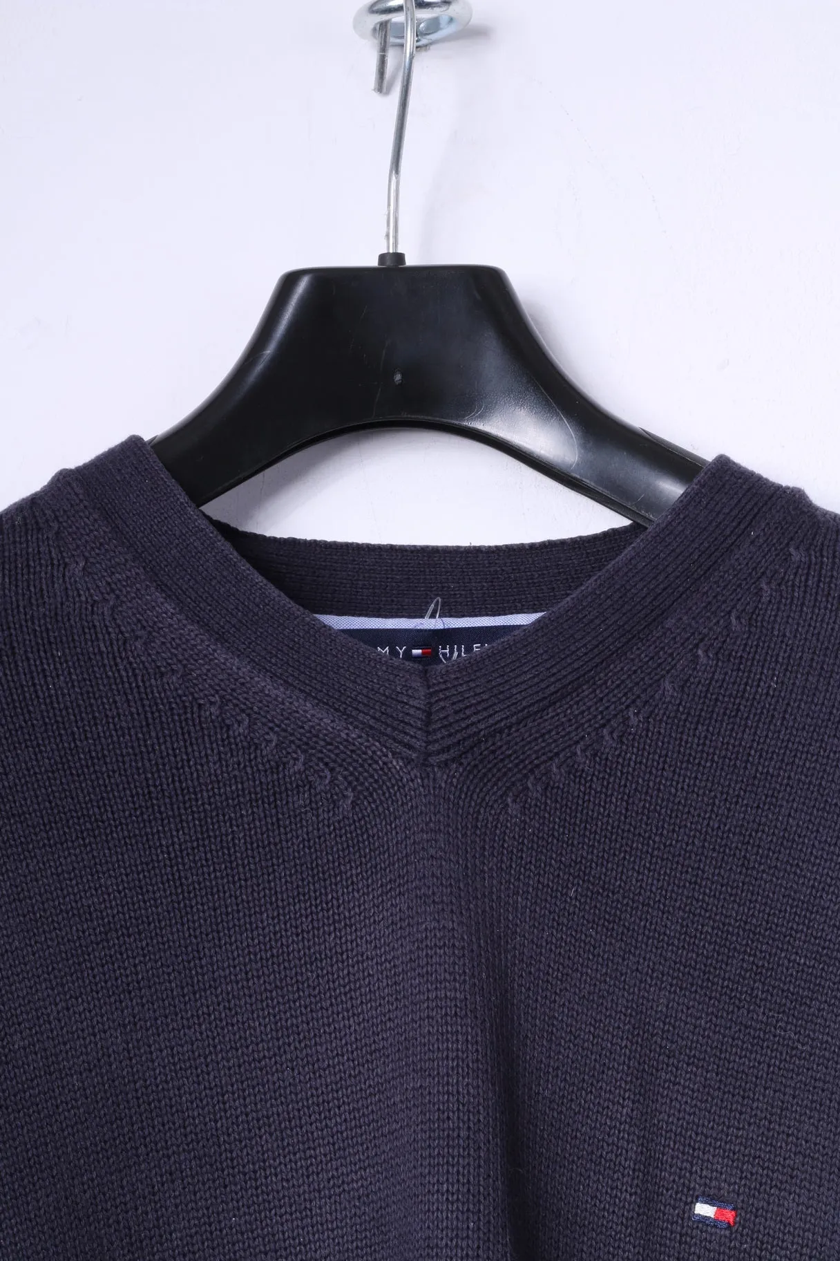 Tommy Hilfiger Mens S Jumper Navy 100% Cotton V Neck Knitwear Top