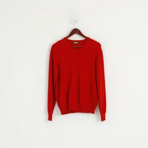 United Colors of Benetton Men M Jumper Red Cotton V Neck Classic Sweater