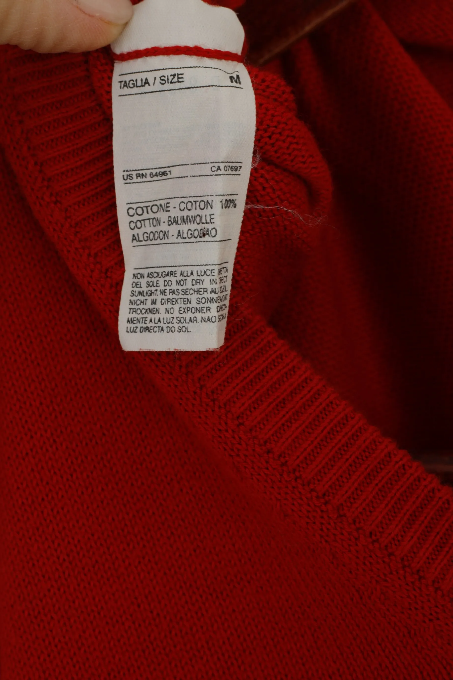 United Colors of Benetton Men M Jumper Red Cotton V Neck Classic Sweater
