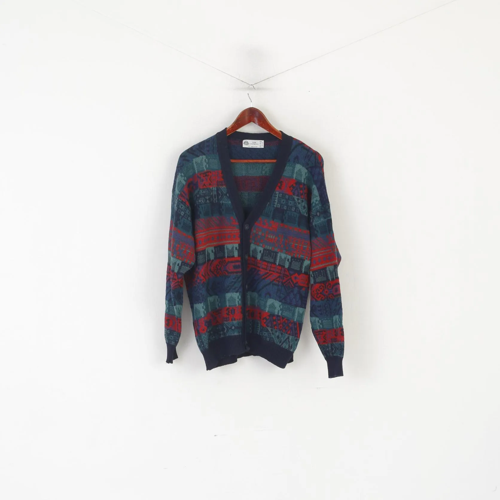 Vintage Men 56 L Sweater Navy Vintage Cardigan Pure Wool Made in Italy Jumper