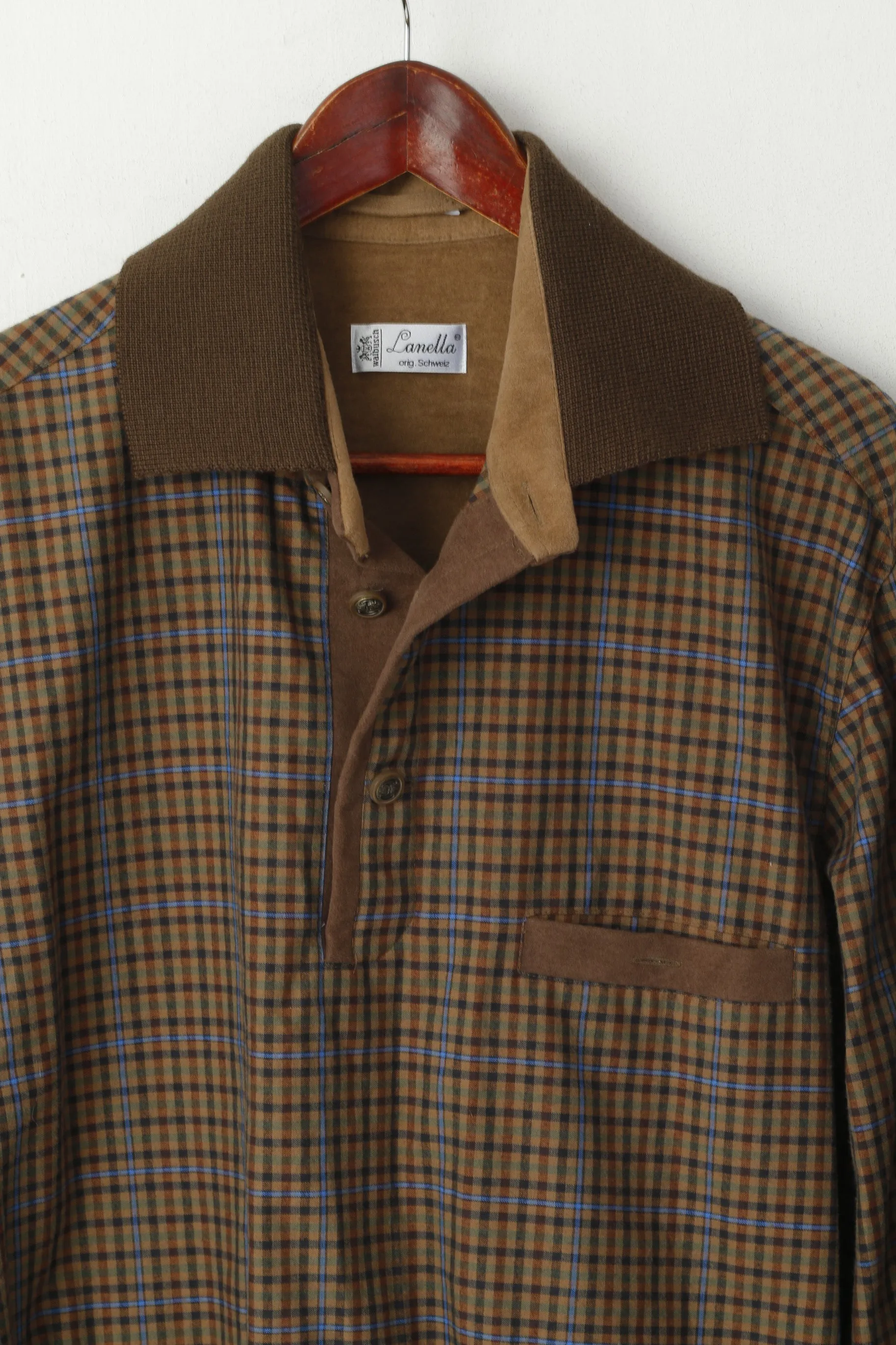 Walbusch Lanella Men 52 L Jumper Brown Check Cotton Collar Retro Classic Blouse Top