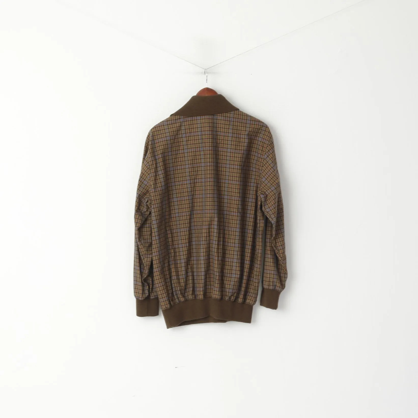 Walbusch Lanella Men 52 L Jumper Brown Check Cotton Collar Retro Classic Blouse Top