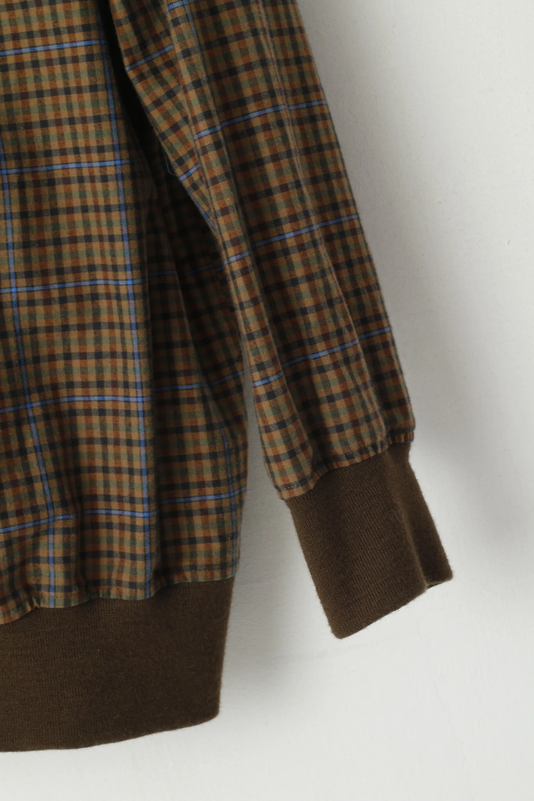 Walbusch Lanella Men 52 L Jumper Brown Check Cotton Collar Retro Classic Blouse Top