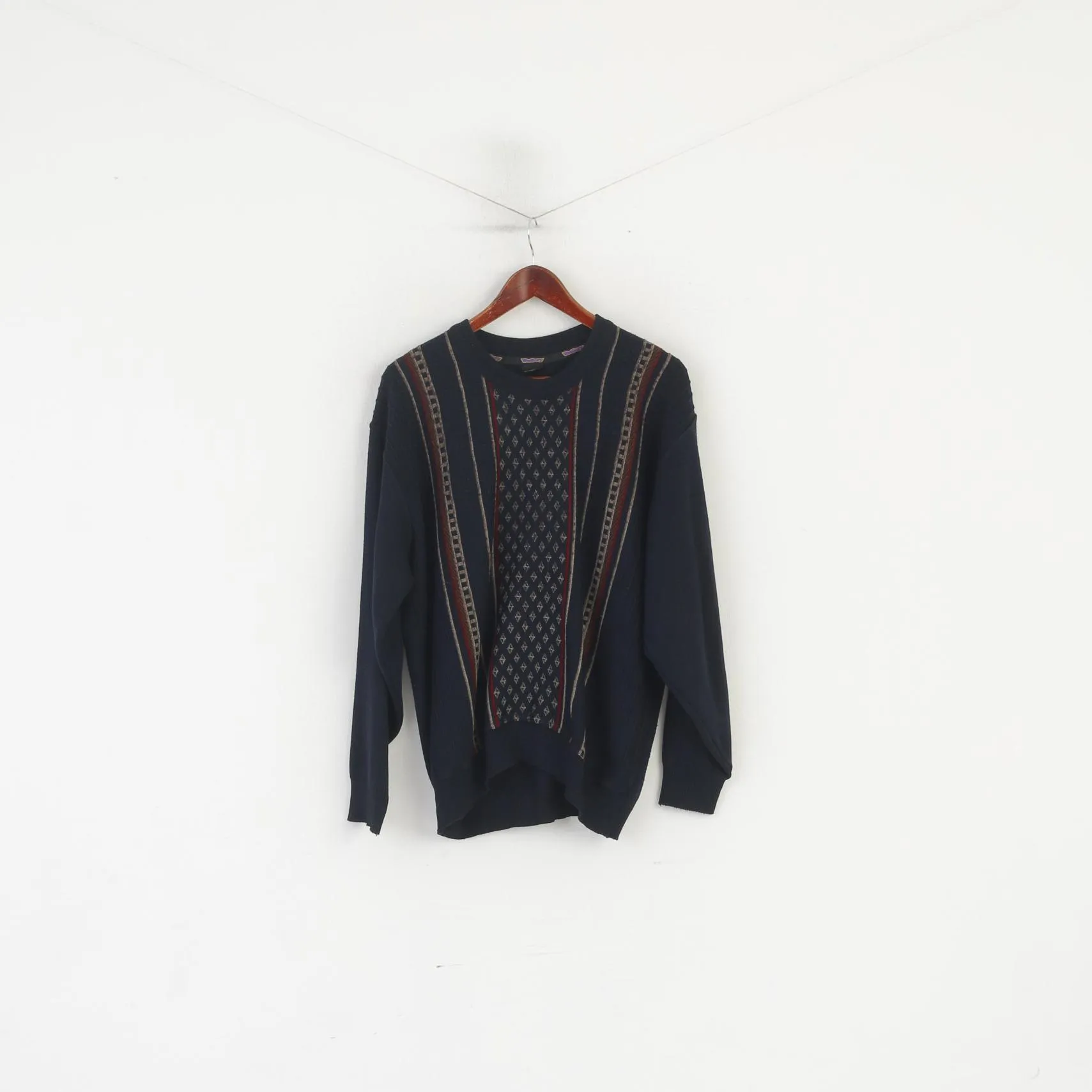 Westrbury C&A Men L Jumper Navy Wool Vintage Crew Neck Striped Sweater