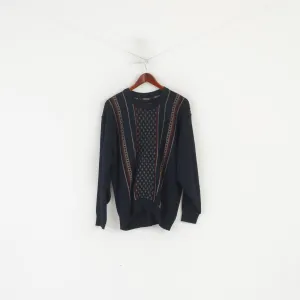 Westrbury C&A Men L Jumper Navy Wool Vintage Crew Neck Striped Sweater