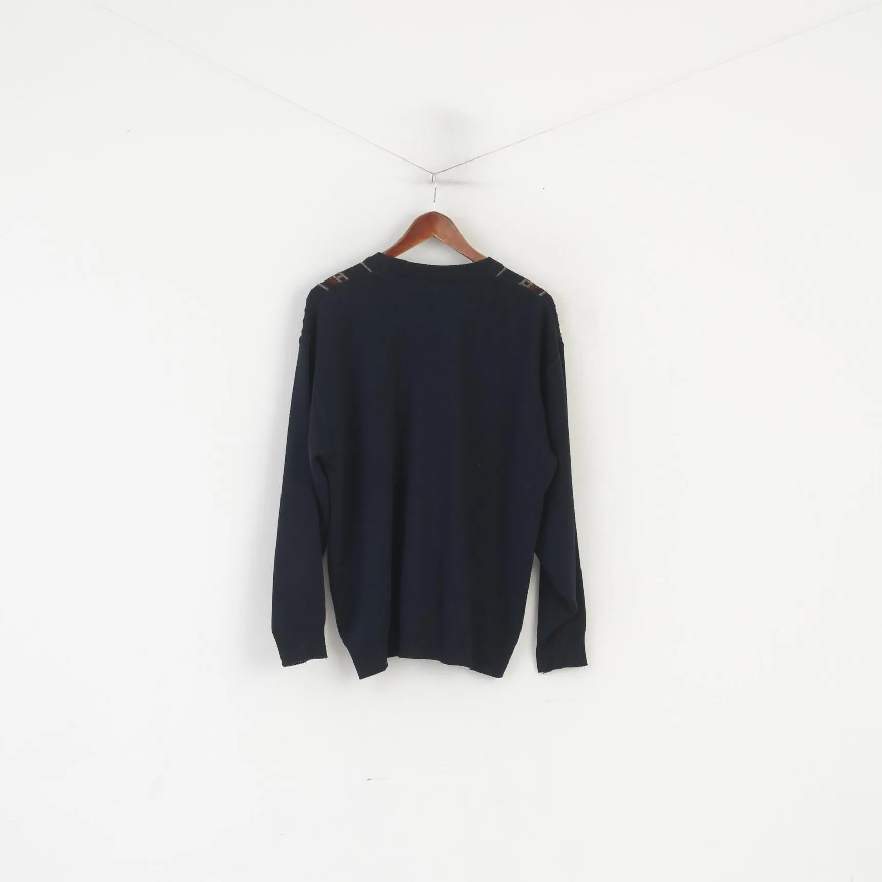 Westrbury C&A Men L Jumper Navy Wool Vintage Crew Neck Striped Sweater