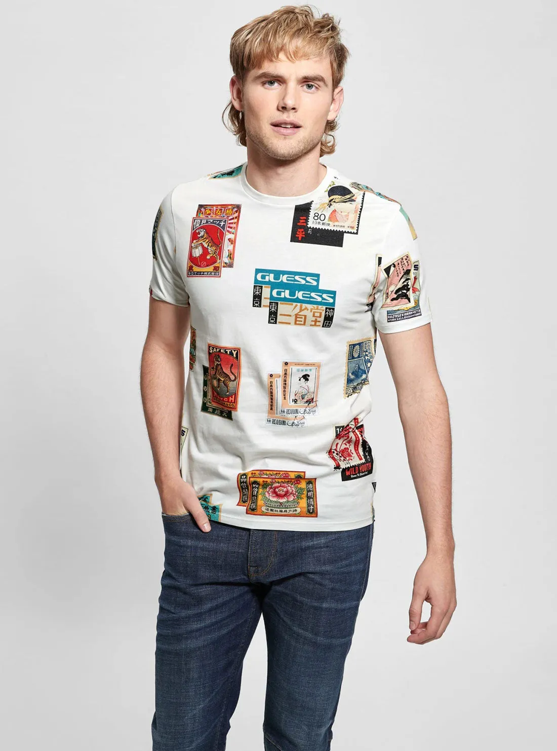 White Short Sleeve Stamp T-Shirt Guess