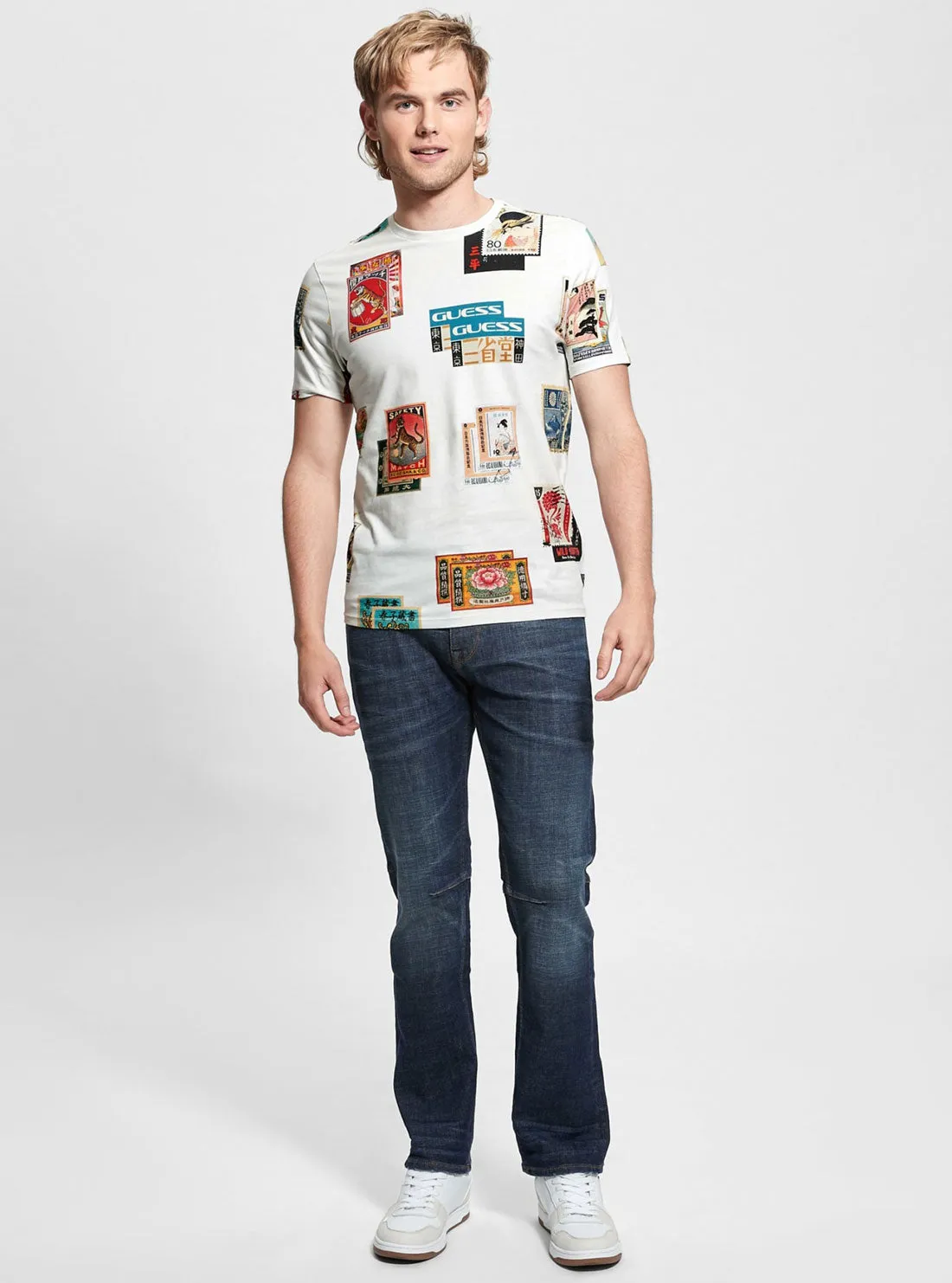White Short Sleeve Stamp T-Shirt Guess