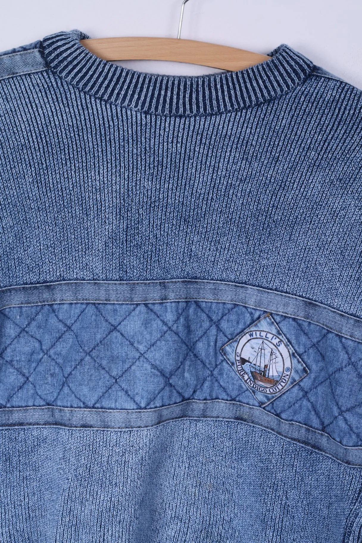 Willi's Mens S Jumper Blue Indigo Sailings Cotton Jeans Inserts Crew Neck Sweatshirt