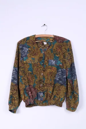 Womens 18 L Shirt Shiny Soft Material Gold Buttons Multi Printed Shoulder Pads Top