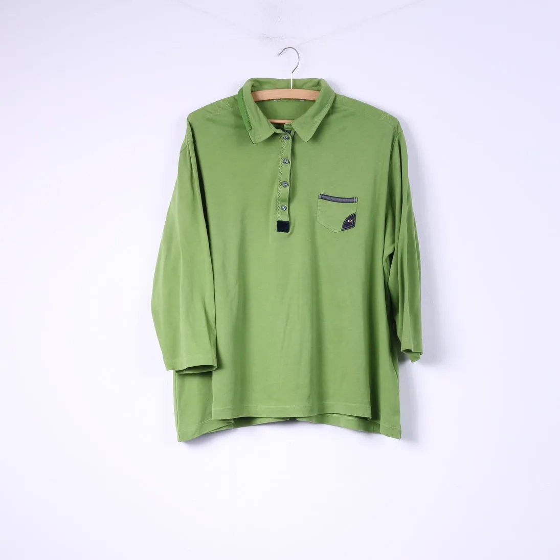Womens 50 2XL Polo Shirt Green Buttons Detailed 7/8 Sleeve Top Cotton