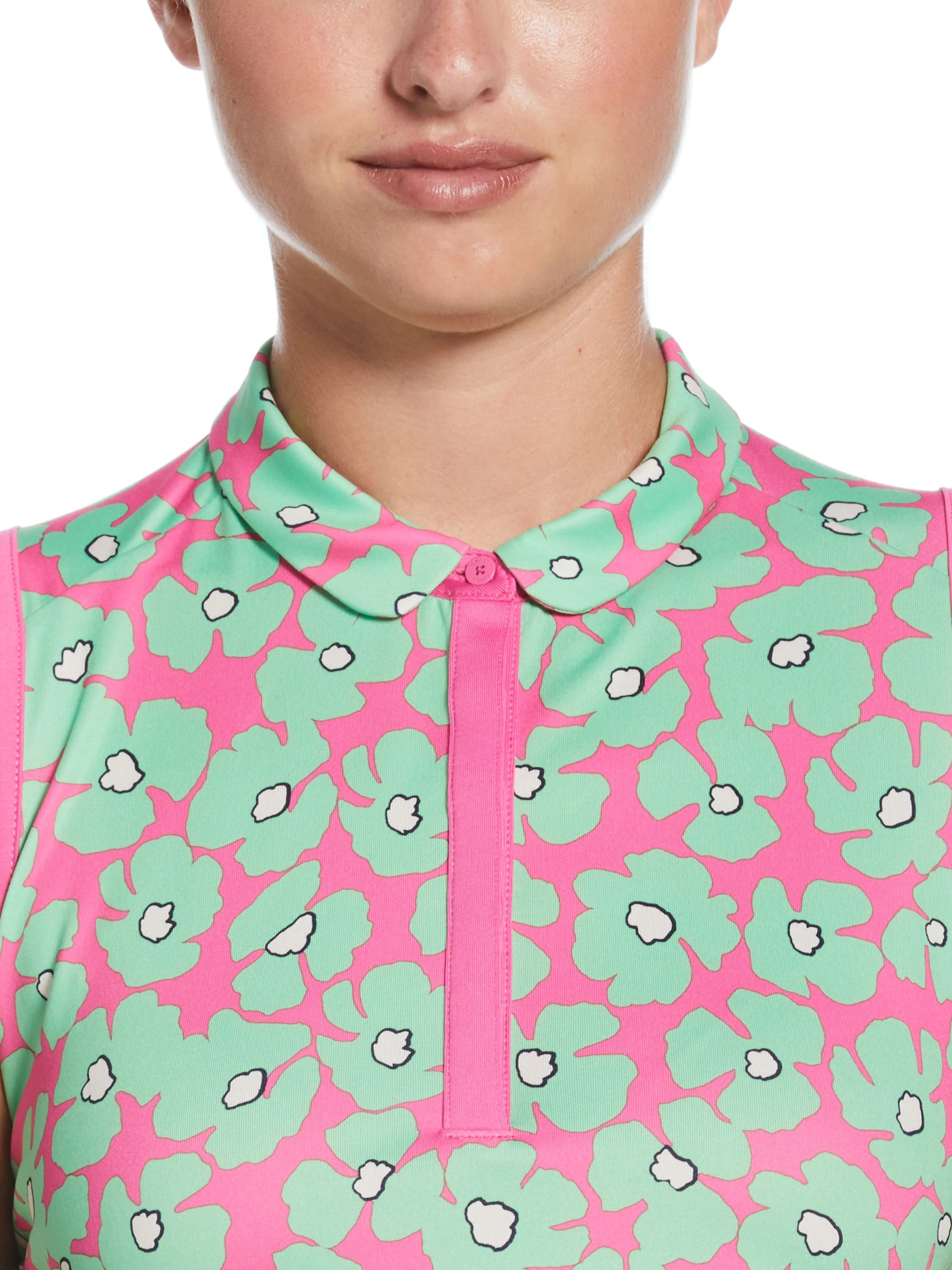 Womens Floral Sleeveless Golf Shirt with Mini Collar and Side Shirring Callaway Apparel
